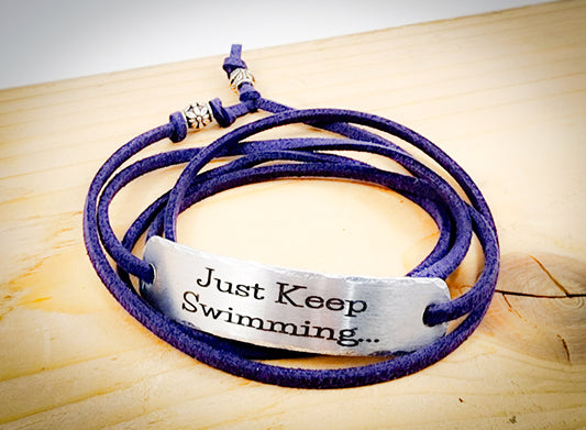 PERSONALIZED BRACELET WRAP - Just Keep Swimming, Hand Stamped, Bracelet Wrap, Encouragement gift,  with suede cord