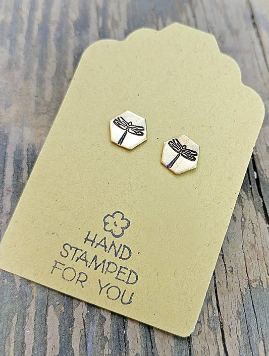 Gold Stud Earrings, Dragonfly Earrings, Small Earrings, Dainty Earrings, Hand Stamped Earrings, Minimalist Earrings, Small Gold Earrings