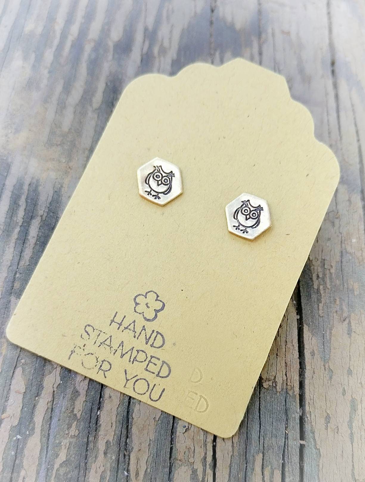 Gold Stud Earrings, Owl Earrings, Small Earrings, Dainty Earrings, Hand Stamped Earrings, Owl Jewelry, Small Gold Earrings