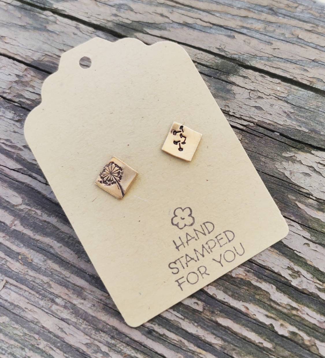 Gold Stud Earrings, Dandelion Earrings, Small Earrings, Dainty Earrings, Hand stamped Earrings, Dandelion Jewelry, Gold Dandelion Earrings