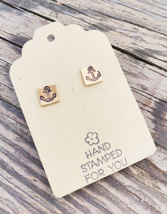 Gold Stud Earrings, Anchor Earrings, Small Earrings, Dainty Earrings, Hand Stamped Earrings, Anchor Earrings, Small Gold Earrings