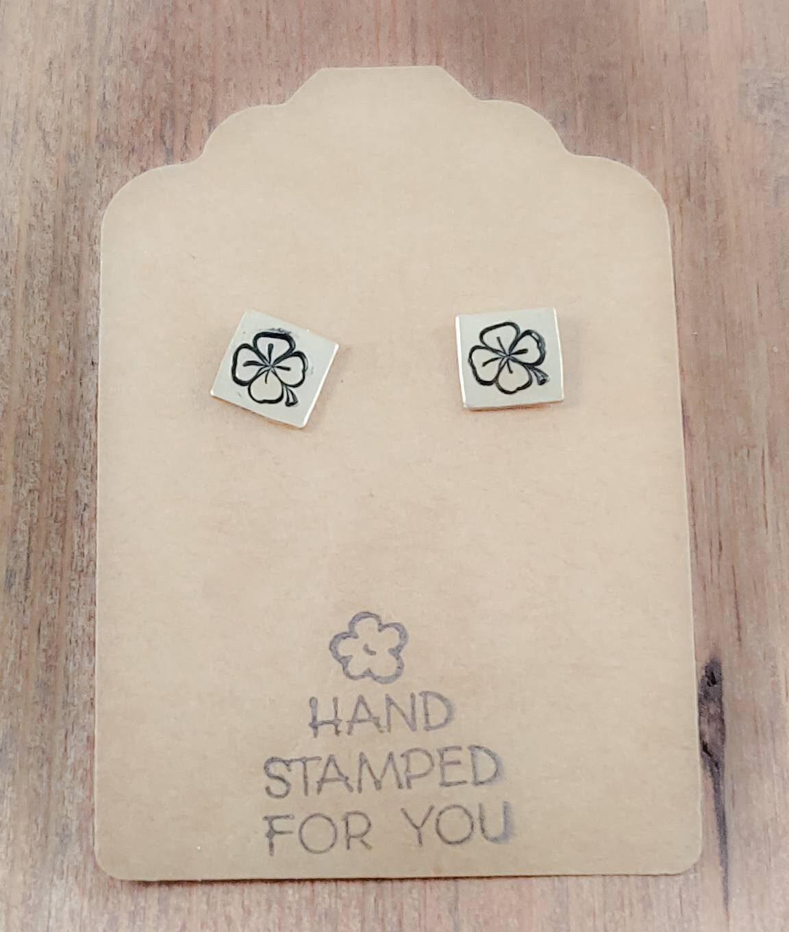 Gold Stud Earrings, Four Leaf Clover Earrings, Small Earrings, Dainty Earrings, Hand Stamped Earrings, Four Leaf Clover Jewelry