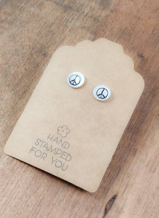 Silver Stud Earrings, Peace Sign Earrings, Small Earrings, Dainty Earrings, Hand Stamped Earrings, Peace Sign Jewelry, Small Silver Earrings