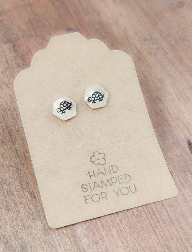 Gold Stud Earrings, Turtle Earrings, Small Earrings, Dainty Earrings, Hand Stamped Earrings, Turtle Jewelry, Small Gold Earrings