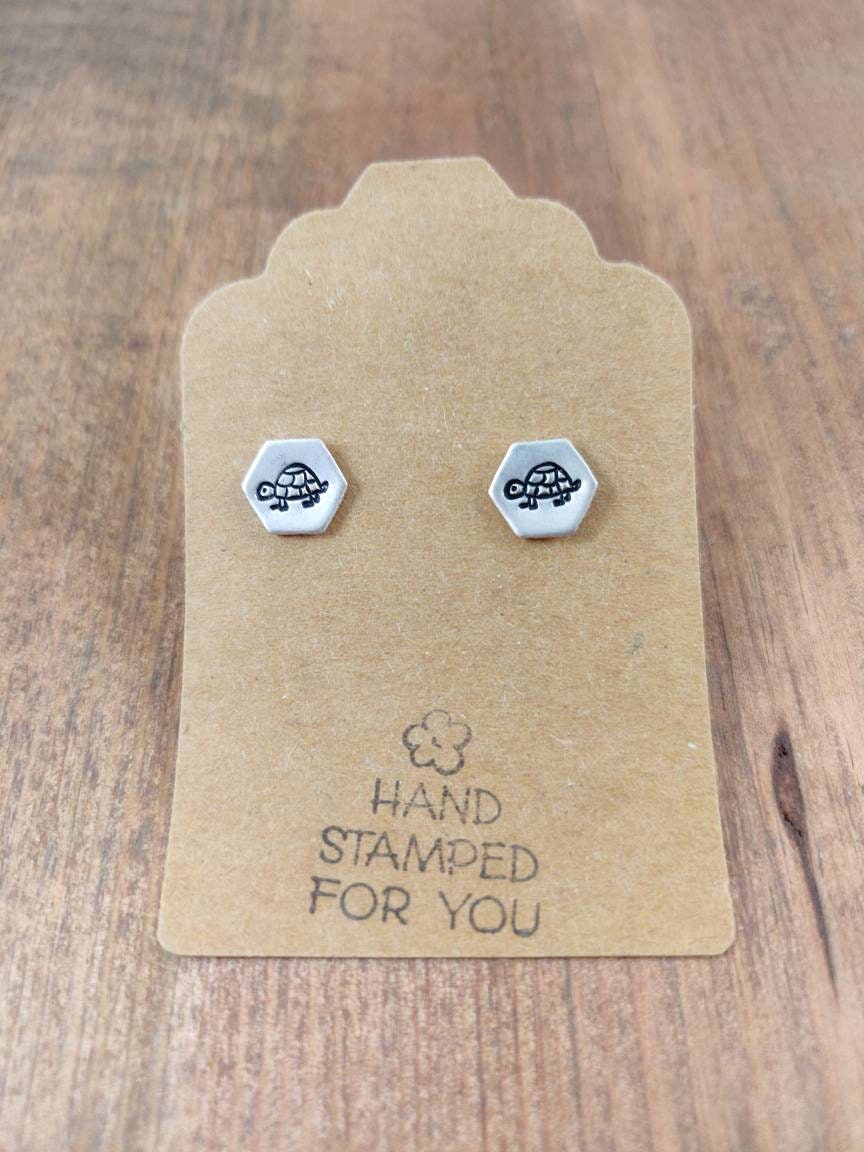 Silver Stud Earrings, Turtle Earrings, Small Earrings, Dainty Earrings, Hand Stamped Earrings, Turtle Jewelry, Small Silver Earrings