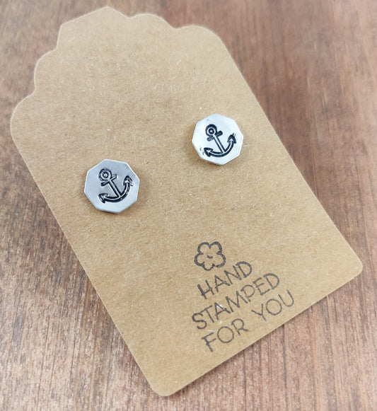 Silver Stud Earrings, Anchor Earrings, Small Earrings, Dainty Earrings, Hand Stamped Earrings, Anchor Earrings, Small Silver Earrings