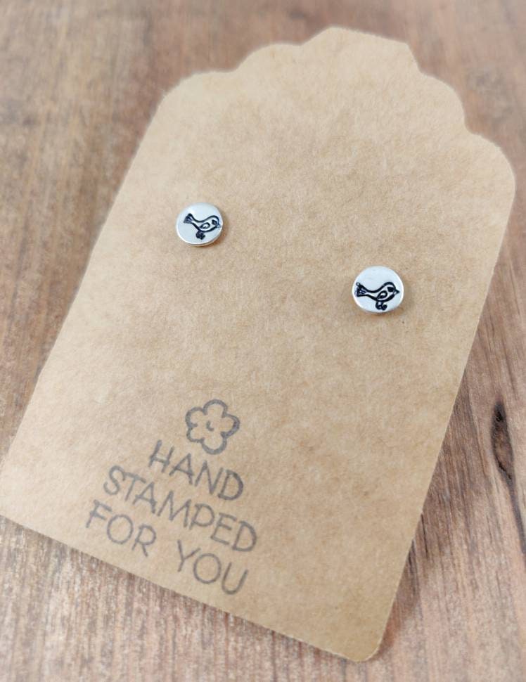 Silver Stud Earrings, Tiny Bird Earrings, Small Earrings, Dainty Earrings, Hand Stamped Earrings, Bird Earrings, Small Silver Earrings