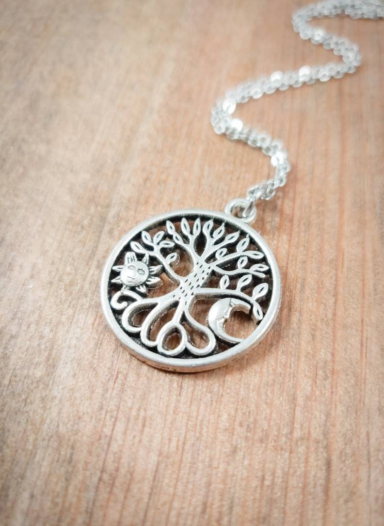 Sun and Moon Necklace, Tree Necklace, Seasons Necklace, Celestial Necklace, Necklace with Moon and Stars, Celestial Jewelry, Tree Jewelry