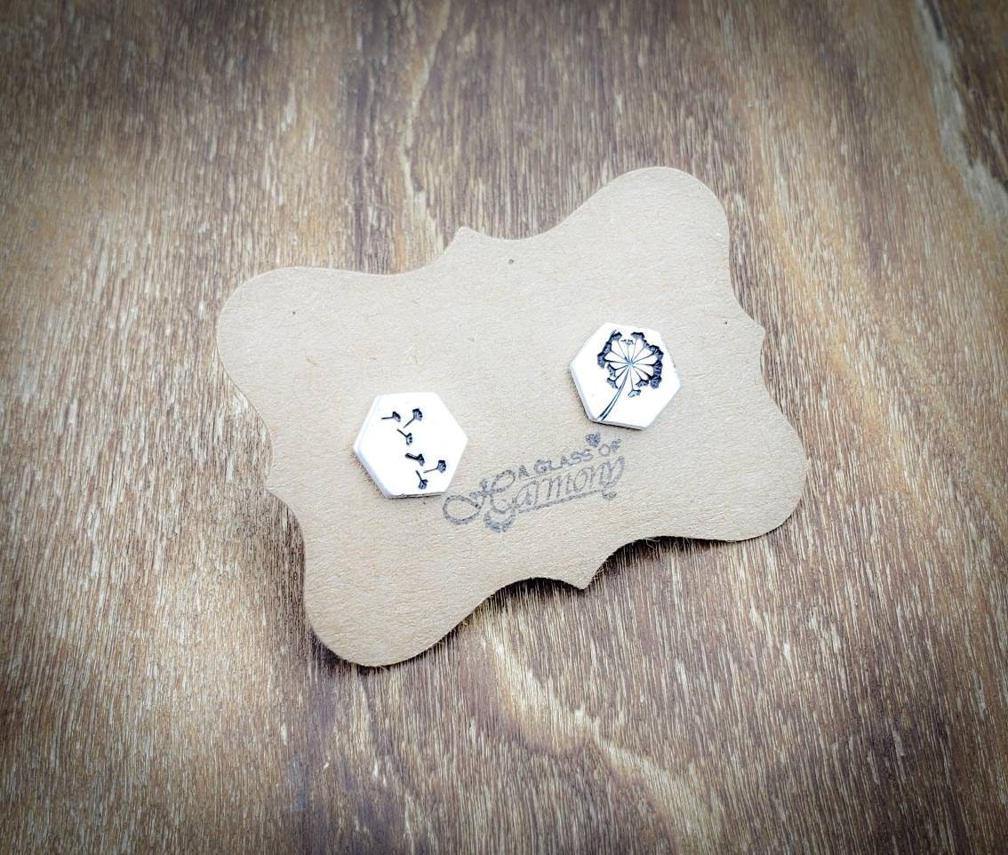 Silver Stud Earrings, Silver Dandelion Earrings, Small Earrings, Dainty Earrings, Hand stamped Earrings, Dandelion Jewelry